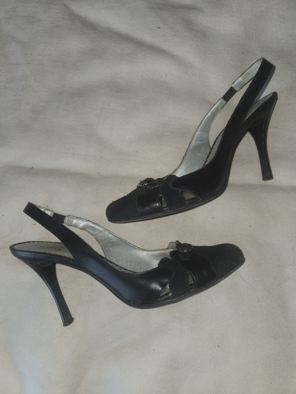 BCBG Paris Black Slingback Peep-Toe Heels with Knot Accent